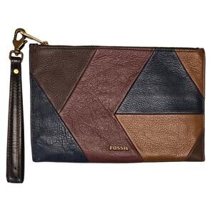 Fossil Cow Hide Pebbled Leather Zip Around Clutch Wallet Organizer Patchwork